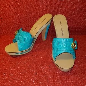 Chinese Laundry turquoise slip on stiletto clogs